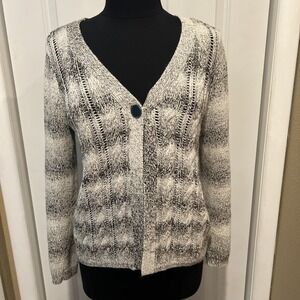 Christopher & Banks‎ M Gray/ White Open Front Cardigan Crotchet Knit One Button